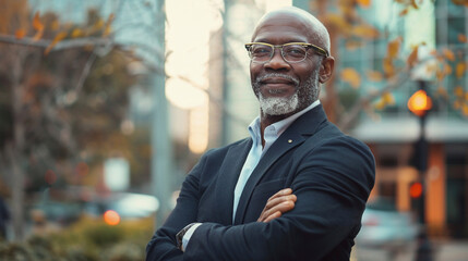 Mature African American Businessman With A Confident Smile, Portrait In Urban Setting, For Corporate And Professional Use