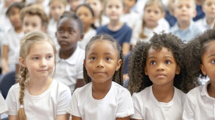 Obraz premium Several children in white shirts sit in rows and look forward. Some of them are smiling.