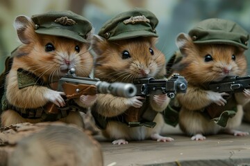 Naklejka premium Cute hamsters in military attire wielding weapons ready for high-tech warfare. Concept Hamsters, Military Attire, Weapons, High-Tech Warfare, Cute Photo Shoot