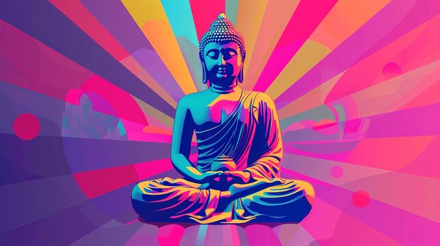 Abstract vibrant Buddha illustration in pop art style. Colorful Buddha artwork. Symbol of Buddhism. Concept of modern Buddhism, Zen, religion, peace, spiritual awakening.