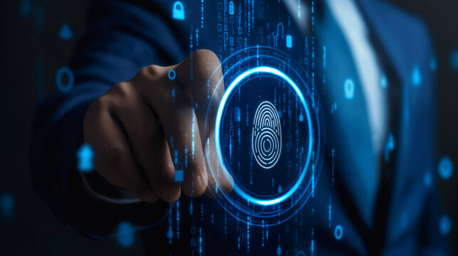 Hand steuert mit einem Fingerabdruck eine moderne Schaltzentrale