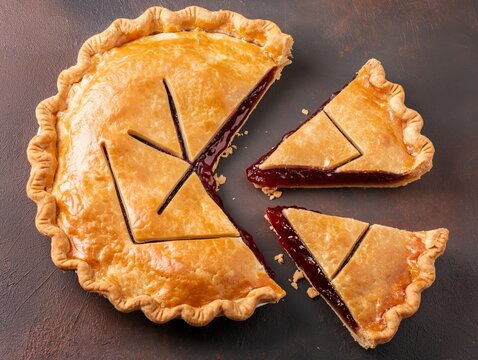 A pie is cut into four pieces and one of the pieces is missing