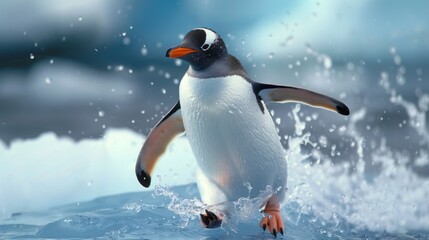 Fototapeta premium A lively Gentoo penguin stands out with a splash in the contrasting blue waters of its icy habitat