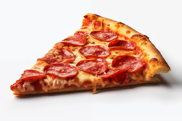 Slice of pizza on white background. Piece of pizza. Pizza related topics. Food related topics. Fast food. Image for graphic designer. Italian restaurant. Pizza delivery. Pizza restaurant chain.