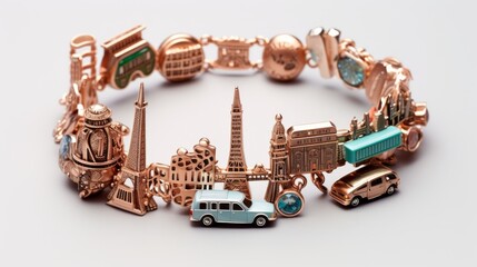 Elegant travel-themed charm bracelet featuring iconic global landmarks and vehicles