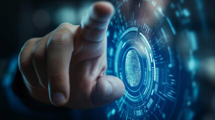Hand steuert mit einem Fingerabdruck eine moderne Schaltzentrale