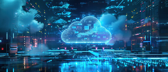 a banner concept for cloud computing A cloud icon figure, inside it of an interior computer with has circuits and screens inside, with empty copy space