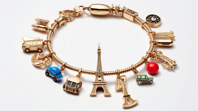 Elegant travel-themed charm bracelet featuring iconic global landmarks and vehicles