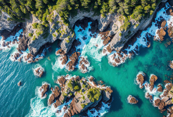 Aerial drone shot of a rugged rocky shoreline with waves crashing. AI generated.