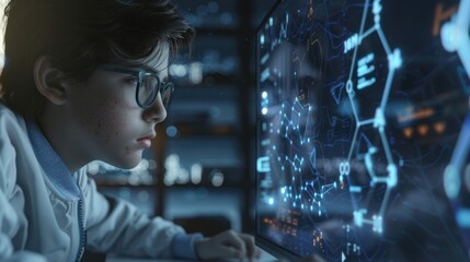 A man with glasses looks at a computer screen. The screen displays a digital interface with various elements such as grid, graph and text.