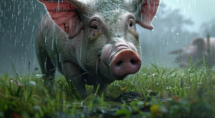 Pig in the Rain: A Close-up View of a Wet Pig in a Misty Field - obrazy, fototapety, plakaty
