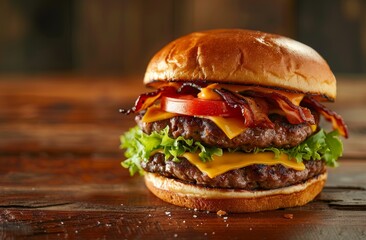 Delicious double bacon cheeseburger on a wooden table