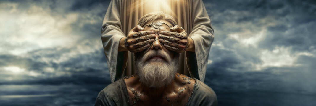 The Healing of the Blind Man. Jesus Performs Miraculous Healing: The Blind Man Receives Sight Through Divine Intervention and Faith. The Miracle of Jesus Healing the Blind. Gospel of John