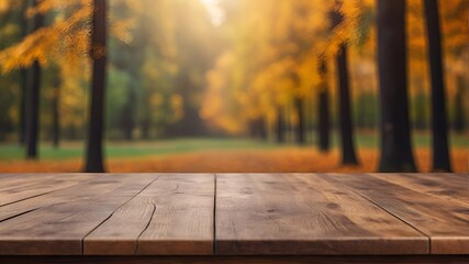 Outdoor wooden podium with blurred background of autumn forest.