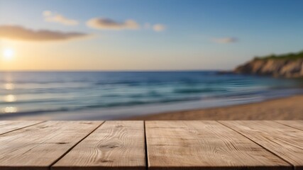 Fototapeta na wymiar Outdoor wooden podium with beach blurred background.