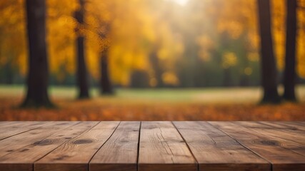 Outdoor wooden podium with blurred background of autumn forest.