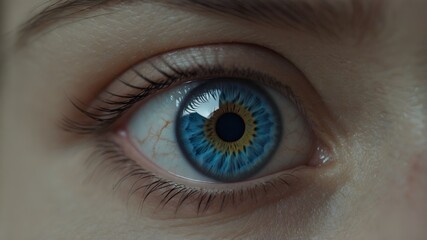 Macro Blue Eyes close up, eye health and care concept.