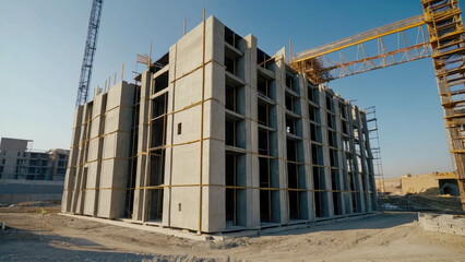 Obraz premium Construction of a new building with scaffolding at the construction site