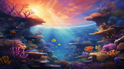 Stunning underwater sunrise illuminates a vibrant coral reef teeming with colorful marine life