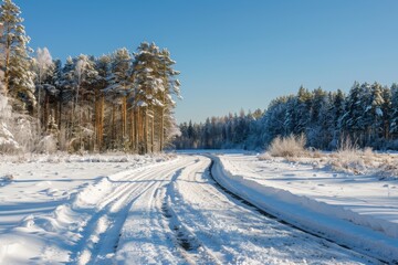 Obraz premium Snowy Winter Road Through a Forest