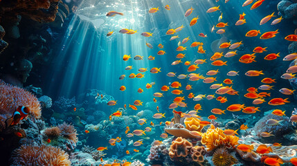 Beautiful underwater world with corals and tropical fish in the coral reef