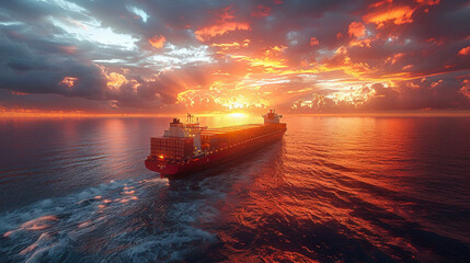 Naklejka premium Large cargo ship under heavy rain at sunset in the sea