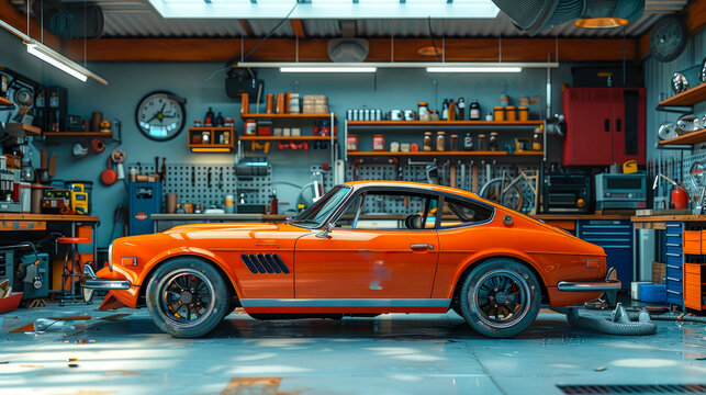 Vintage car in a garage. Retro car in the garage