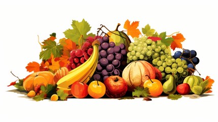 Digital illustration of a cornucopia of vibrant and colorful assorted fruits and vegetables symbolizing abundance and healthy eating