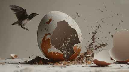A broken egg with one fragment exhibiting a surreal portrayal of a bird in flight.  - obrazy, fototapety, plakaty