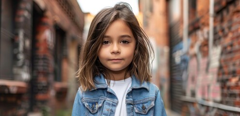 Fototapeta premium Young girl in denim jacket standing in an urban alley