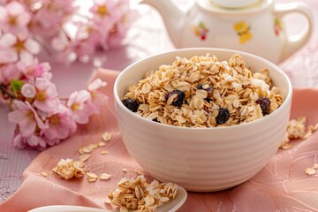 Cereal centered on healthful ingredients serves breakfast nourishment, aligning with muesli trends that emphasize natural, nutritious breakfast choices and dietary needs.