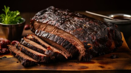 Expertly sliced barbecued brisket revealing the juicy interior, against a dark wooden background