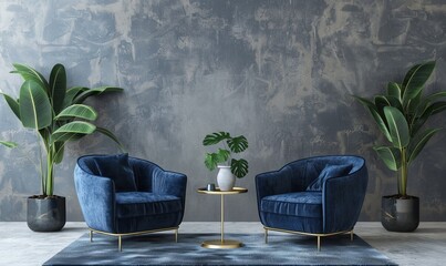 Elegant modern living room interior with blue velvet armchairs and decorative plants