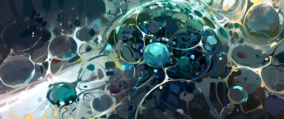 A modern depiction of spherical blue shapes resembling cells, juxtaposing the organic with the abstract