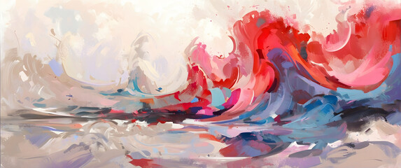 Vibrant abstract painting with a dynamic amalgamation of red and blue hues hinting at an emotional turmoil or a storm