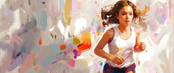 A dynamic painting portraying a female runner in motion, surrounded by a burst of abstract colors