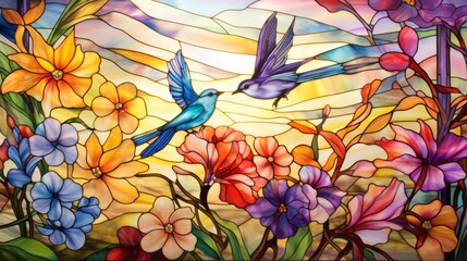 Vibrant stained glass window featuring colorful flowers and blue birds