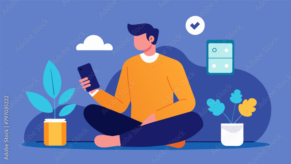 Poster a man on his lunch break using a mindfulness app to reset his mind and increase productivity for the