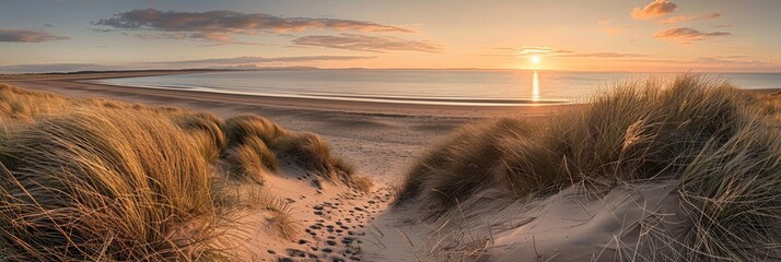Sunset over a serene beach with sand dunes and coastal grass
