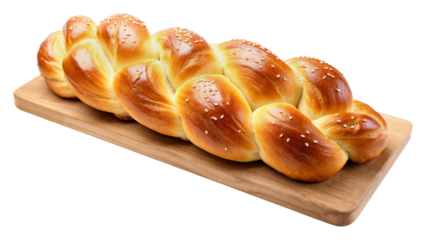 Traditional Challah braided yeast bread on a cutting board isolated on a transparent background.