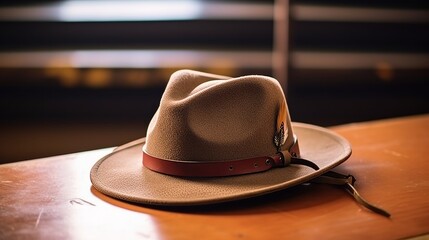 Vintage-inspired fedora hat on wooden table with soft focus background