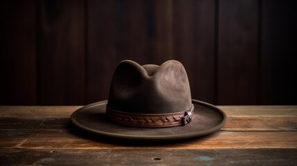Vintage-inspired fedora hat on wooden table with soft focus background