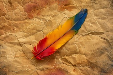 Colorful feather on a textured parchment background