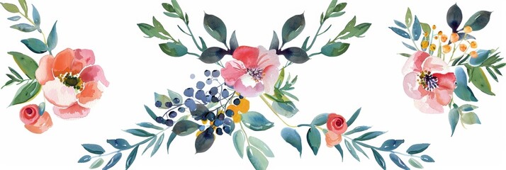 Spring Floral Bouquet with Green Leaves on White Background Generative AI