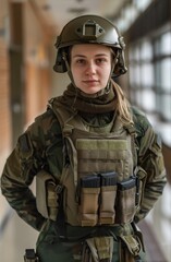 Confident female soldier in full gear standing indoors