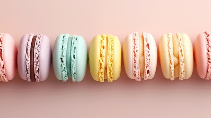 Colorful Assortment of French Macarons Lined Up