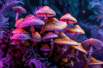 Glowing pink and purple mushrooms in the forest. Magic mushrooms in neon light. Bright psilocybin mushrooms. Acid trip in the forest.