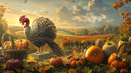 A ceramic marker with Thanksgiving accessories and turkey claws grasping it. set against the vista of harvest fields and gleaming cornucopias on a warm Thanksgiving afternoon.  - obrazy, fototapety, plakaty