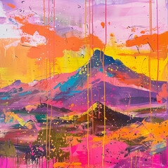 a colorful, very expressive painting of camelback mountain at sunset, lots of layers, drips, splatter, pinks, oranges, yellows