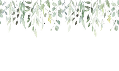 Hand drawn watercolor horizontal border of green hanging branches, seamless delicate isolated illustration for frame, wallpapers, background, cover, invitation or greeting cards.
